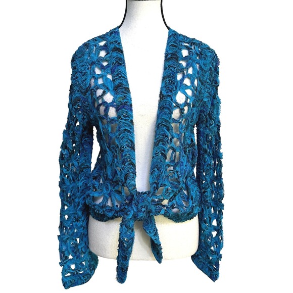 Chico's Jackets & Blazers - Chico's Silk Jacket Sz 0 S Talula Flower Bell Open Knit Boho Mermaidcore Artsy